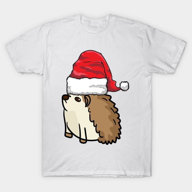 Santa Hat-Wearing Cute Hedgehog Funny Christmas Holiday T-Shirt by Contentarama